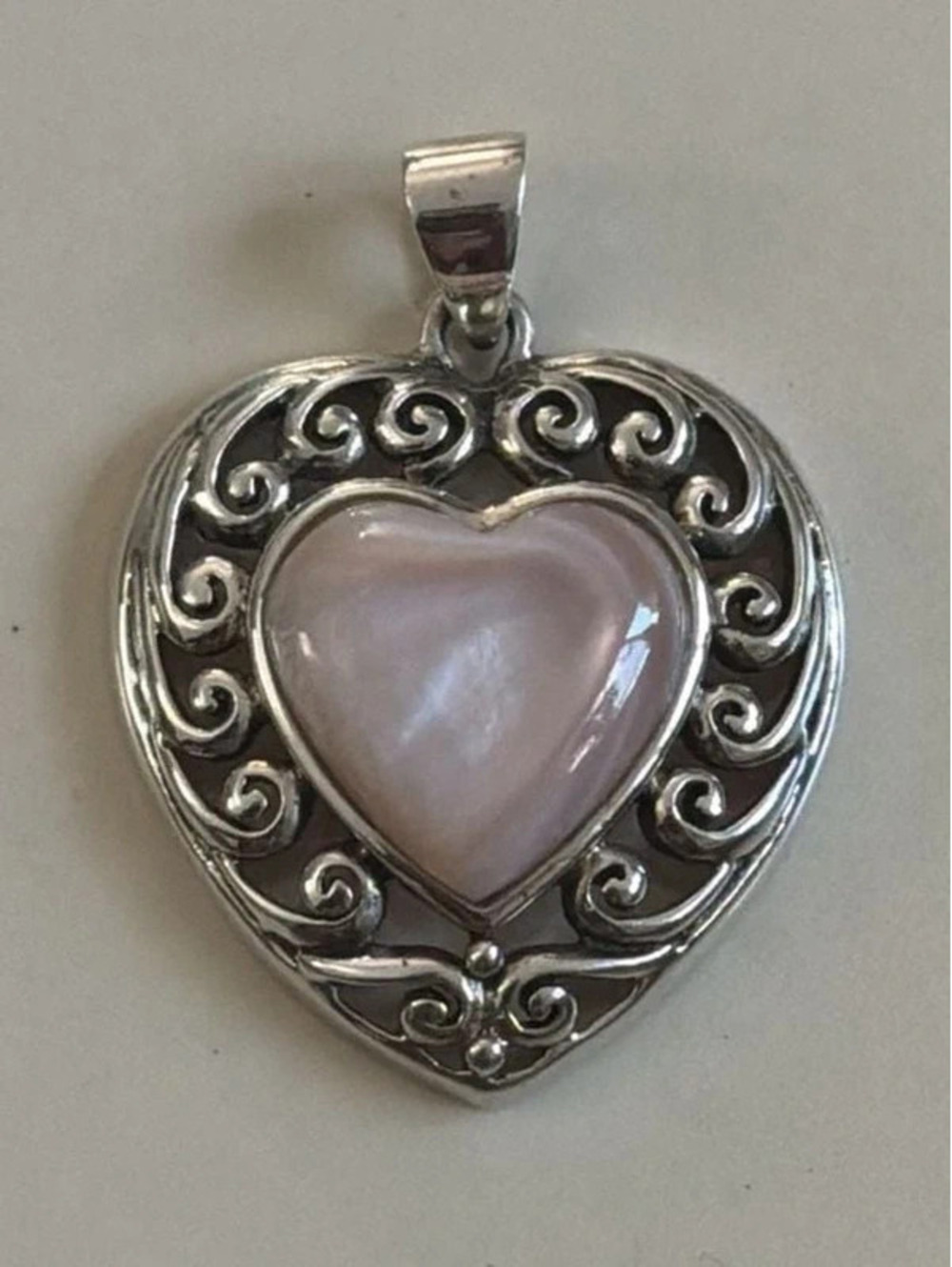 Vintage CFJ Thailand 925 Sterling Silver Pink Mother of Pearl Heart Pendant 7.3g